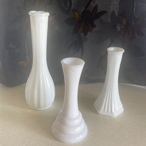 Vintage lot of 3 milk glass varying sizes & design milk glass  bud vases